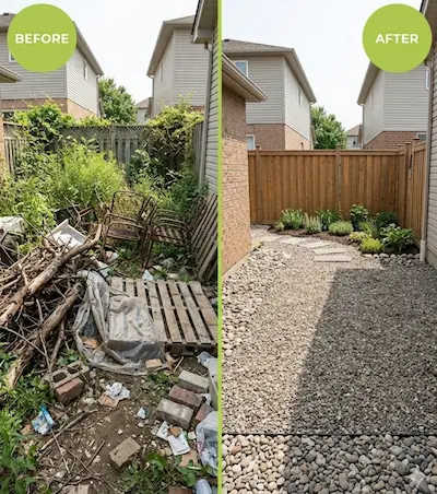 Backyard transformation showing garden waste and old furniture removal in Oshawa.