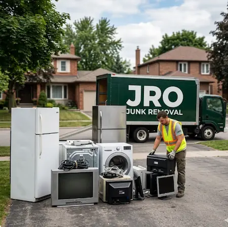 Eco-friendly appliance recycling in Oshawa showing old refrigerators, washing machines, and computer monitors for disposal.