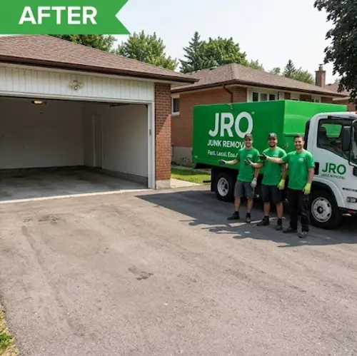 Professional backyard junk removal in Durham Region. JRO team removing old mattresses and sofas from a residential property.