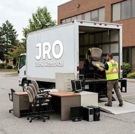 Professional commercial junk removal and office cleanout services in Oshawa featuring old office chairs, desks, and computer monitors being loaded into a truck.