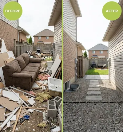 Before and after construction debris removal and renovation waste cleanup in Oshawa.