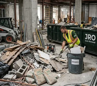 Interior shot of a construction site in Oshawa showing JRO workers removing drywall, wood scraps, and renovation debris into a disposal bin.