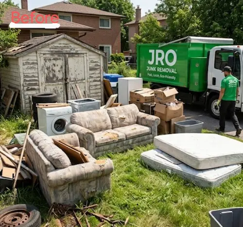 Before and after of a full garage cleanout in Oshawa, ON by JRO Junk Removal. Featuring old appliances and furniture removal.