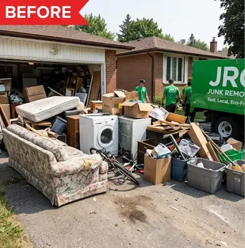 Before and after photo of a full garage cleanout in Oshawa, Ontario, showing removal of old appliances, boxes, and household junk by JRO Junk Removal team.