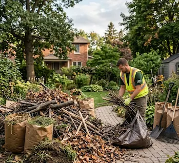 Professional yard and garden rubbish removal in Oshawa showing a worker clearing tree branches and organic waste from a backyard.