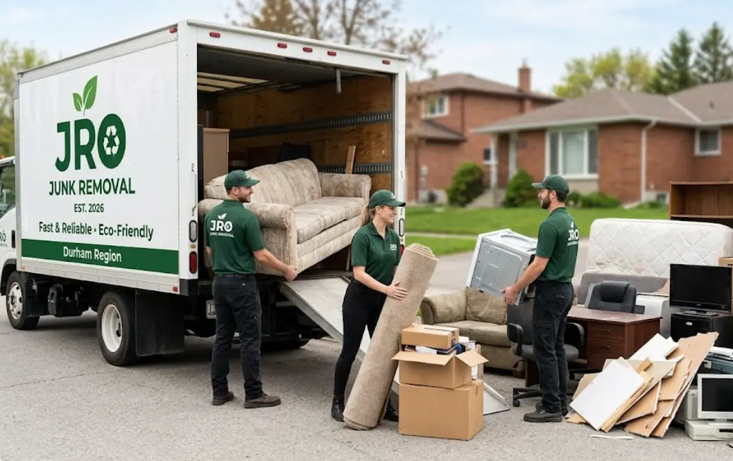 Junk removal team loading junk into truck in Oshawa Ontario